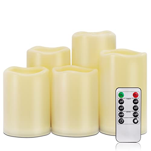 Homemory Waterproof Flameless Candles, Outdoor Indoor Battery Operated LED Pillar Candles with Remote Control and Timer, Plastic, Long Lasting, D3 x H4 4" 5" 5" 6", Set of 5 - size: Set of 5