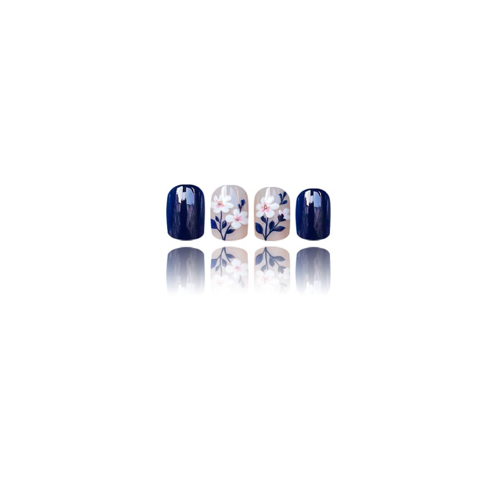 Flower Press on Nails Short Square Fake Nails Daisy Floral Full Cover False Nails, Blue Spring Glue on Nails Glossy Reusable Acrylic Stick on Nails for Women Nails Kit 24Pcs