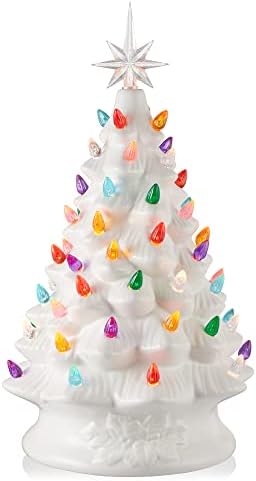 Casafield Hand Painted Ceramic Christmas Tree, White 15-Inch Pre-Lit Tree with 128 Multi Color Lights and 2 Star Toppers