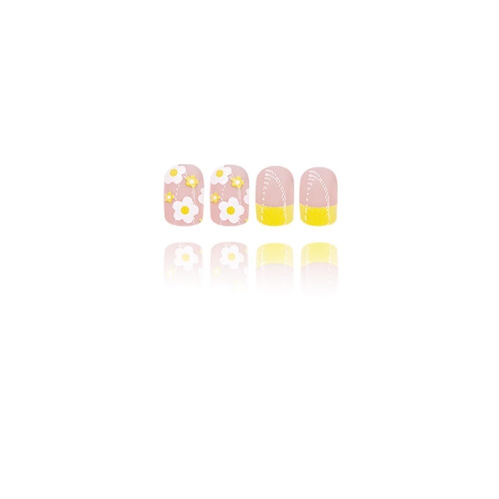 French Tip Press On Nails Short Square Fake Nails Spring False Nails With Flower Design Summer Press Ons Acrylic Full Cover Glue On Nail Stick On Nail For Women Manicure 24pcs