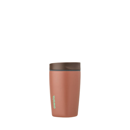 Owala SmoothSip Slider Insulated Stainless Steel Coffee Tumbler, Reusable Iced Coffee Cup, Hot Coffee Travel Mug, BPA Free 12 oz, Grey/Brown (Cozy Cocoa)