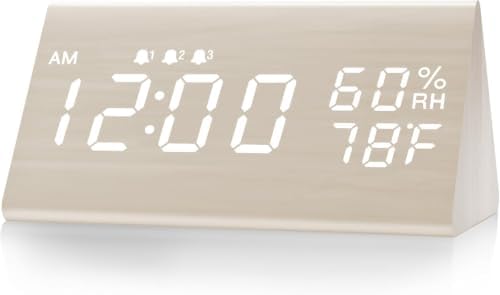 JALL Wooden Digital Alarm Clock for Bedrooms and Office, 3 Alarms with Big Digits, Humidity and Temperature Display, 6-Level Dimmer, Snooze, Loud Desk Clock for Heavy Sleepers, Plug in (White)