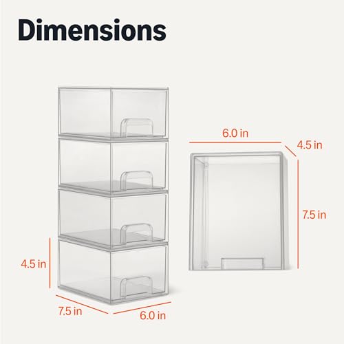 Amazon Basics Stackable Plastic Storage Makeup Organizer Drawers, Clear, 7.5" x 6" x 4.5", 4 Pack - size: 7.5" x 6" x 4.5"