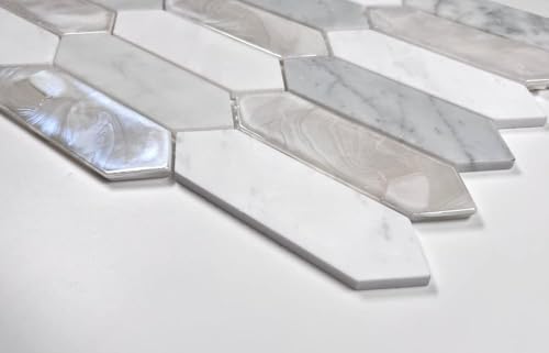 Andalucia White Pearl Hex Picket Iridescent Glass Stone Marble Mosaic Tile - Textured Multi-Surface for Backsplash, Shower Walls, Bathroom, Accent Decor (5 Sheets) - style: 5 Sheets