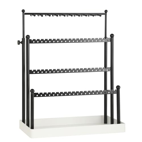 Tirzah 3-Tier Adjustable Earring Necklace Holder Organizer Stand, Black Jewelry Display Tree with 105 Slots, 10 Double-Sided Hooks, White Tray for Women, Girls - color: White & Black, for Necklace Earring