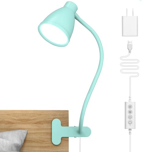 BOHON Desk Lamp with Clamp, 10W 38 LED Clip on Light, 5 Color 10 Brightness Auto Off Timer, Flexible Gooseneck Clip Lamp, Desk Lights for Office Home Bed Bedside Reading, Adapter Include, Teal - color: Teal