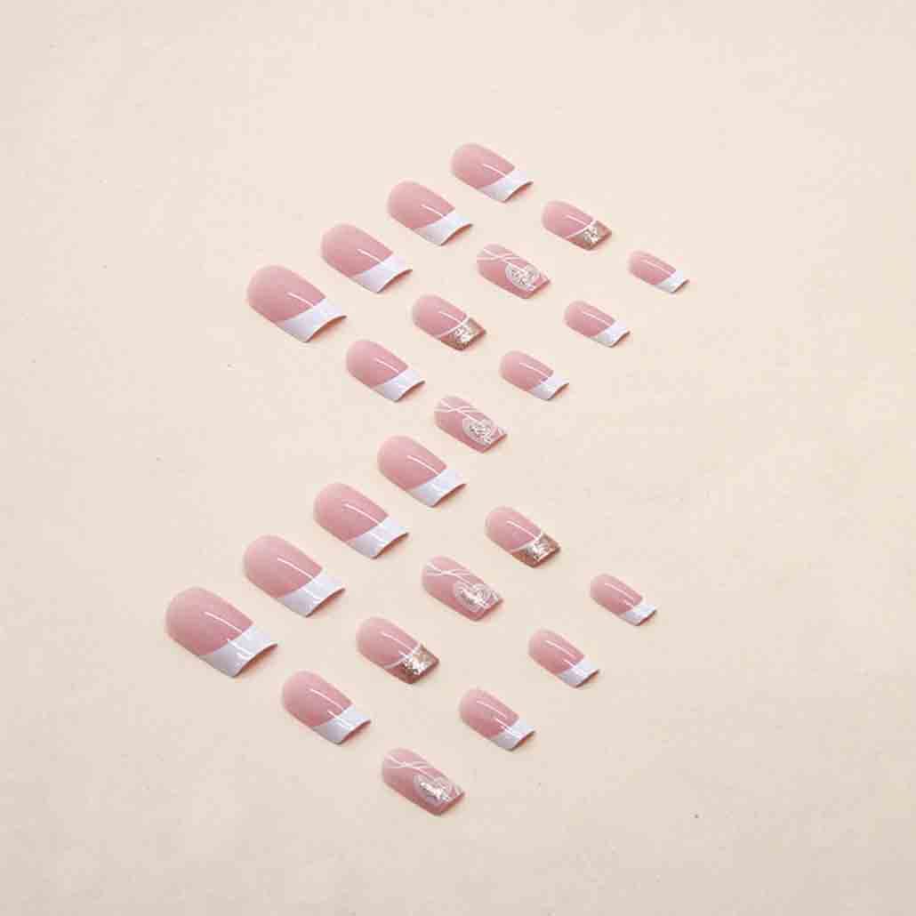 Foccna French Tip Press on Nails Medium LOVE Fake Nails Square Bling Glossy White False Nail Tips Artificial Finger Manicure for Women and Girls,24pcs