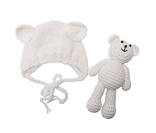 Newborn Baby Crochet Knit Costume Photography Prop Baby Bear Hat and Doll Set - color: White