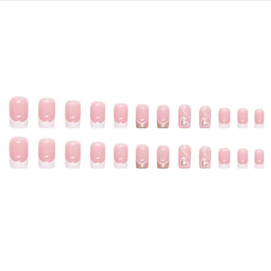 Foccna French Tip Press on Nails Medium LOVE Fake Nails Square Bling Glossy White False Nail Tips Artificial Finger Manicure for Women and Girls,24pcs