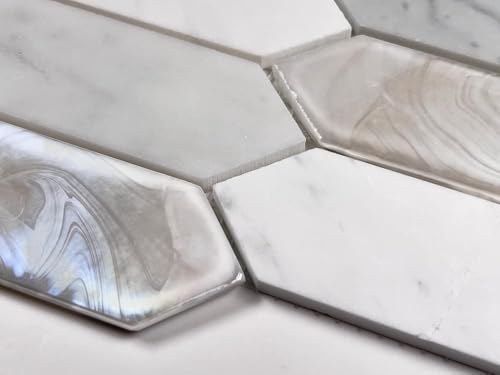 Tenedos Andalucia White Pearl Hex Picket Mosaic Tile – Iridescent Glass, Stone & Marble Blend for Shower, Backsplash, Bathroom & Accent Walls (1 Sheet) - style: 1 Sheet