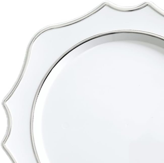 OCCASIONS 40 Piece Disposable Plastic Charger Plates 13.25'' Heavyweight BPA-Free, Bulk Party Plate Chargers for Weddings & Events, White & Silver Scalloped Imperial Collection