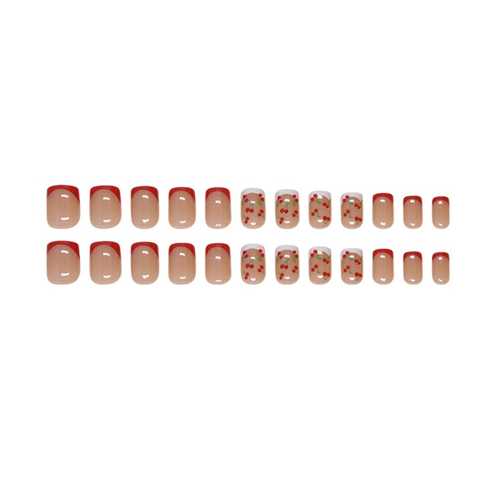 French Tips Press on Nails Pink Glossy Fake Nails Cute Cherry Designs Short False Nails Square Stick on Nails Full Cover Red White Nail Tips Acrylic Nail Art Kit for Women Manicure Decoration 24 Pcs