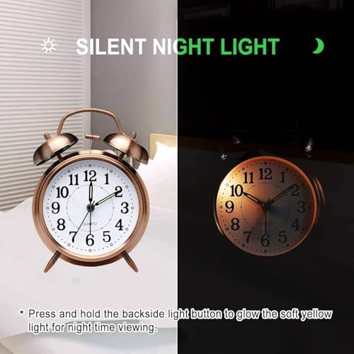 Azyh Loud Alarm Clock for Heavy Sleepers Adults, Metal 4 Inches Twin Bell Battery Operated Alarm Clocks for Bedrooms Decoration, Silent Non-Ticking, Back-to-School Gift (Red Brown)