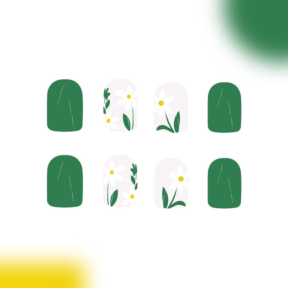 RUPOFUZA Press on Nails Square Short Green Fake False Nails with Lovely White Flowers Design Stick on Nail Full Cover Acrylic Artificial Extra Short Glue on Nail for Women 24Pcs