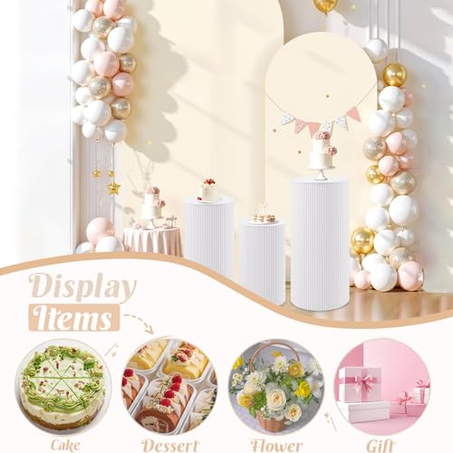 Metal Pleated Cylinder Pedestal Stands for Party, 3 Pieces Heavy Duty Round Cake Pedestal Stand Display Plinth Pillars Art Decor for Wedding Ceremony Birthday Party（Large, White） - size: XXL:35.63"x40", XL:29.72"x14.17", L:23.82"x12.6"