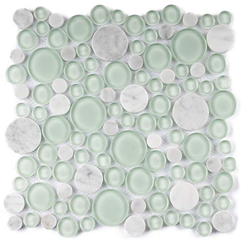 Tenedos Bubbles Snow Dove Glass and White Marble Mosaic Tile, Frosted & Polished Finish, 10.5"x10.5" Mesh Mounted for Wall, Backsplash & Bathroom Use