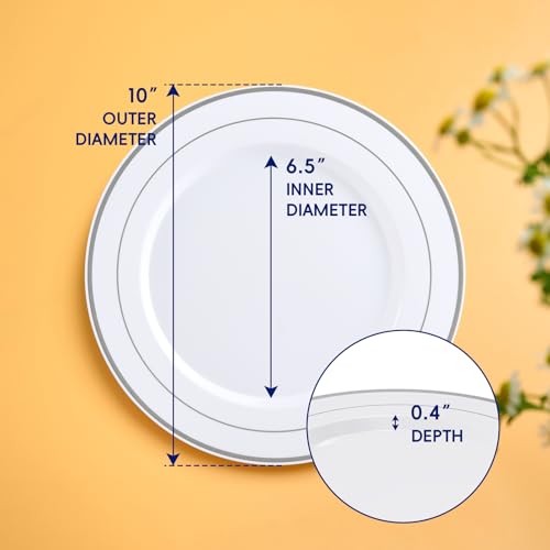 JOLLY CHEF 100 Pieces Silver Plastic Plates, 10 Inch Disposable Plates White Plate with Silver Rim, Heavy Duty Plastic Plates for Christmas, Birthdays and Weddings - style: Silver-100