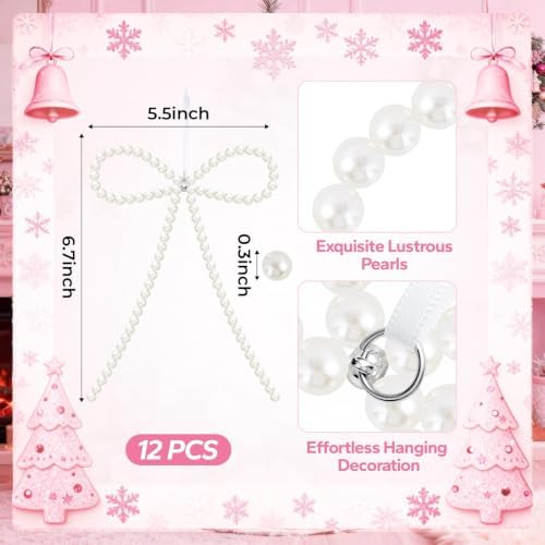 12 Pcs White Pearl Bow Ornaments for Christmas Tree Decorations Pearl Christmas Ornaments Hanging Christmas Tree Toppers for Xmas Gift Packaging Home Wreath Fireplace Fence Wedding Holiday Party Decor