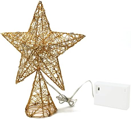 CVHOMEDECO. Gold Tree Top Star with Warm White LED Lights and Timer for Christmas Ornaments and Holiday Seasonal Décor, 8 x 10 Inch