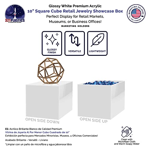 Marketing Holders 10 Inch Acrylic Display Riser Box No Lid White Square Retail Product Riser One Open Side Merchandise Storage Box Flippable Cubby for Expos and Tradeshows