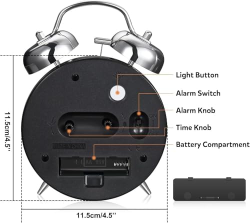 Azyh Loud Alarm Clock for Heavy Sleepers Adults, Metal 4 Inches Twin Bell Battery Operated Alarm Clocks for Bedrooms Decoration, Silent Non-Ticking (Silver)
