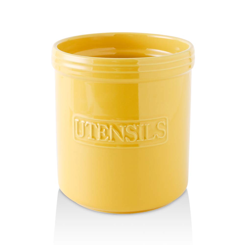 KOOV Cooking Utensil Holder, Large Ceramic Utensil Crock, Deep and Stable, Utensil Caddy for Countertop Letter Series (Yellow)