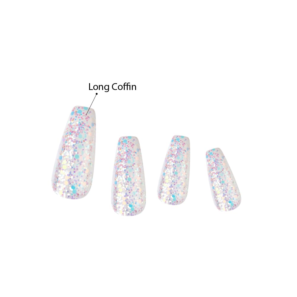 KISS False Nails Kit, Dreamdust Ready to Wear Gel Sculpted Nails, Stick and Glue Included, Long Length, Coffin Shape with White Glitter Effect, Long-Lasting Hottest Trend Glue on Nails