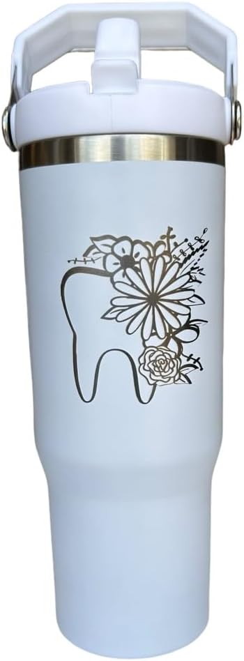 Dental hyginiest tumbler 40oz tumbler Tooth tumbler Dental water bottle Gift for dentist Gift for dental hyginiest Office gift (30oz White- Floral dental)