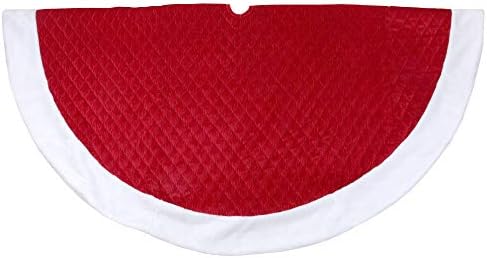 72" Red and White Quilted Christmas Tree Skirt with Faux Fur Trim