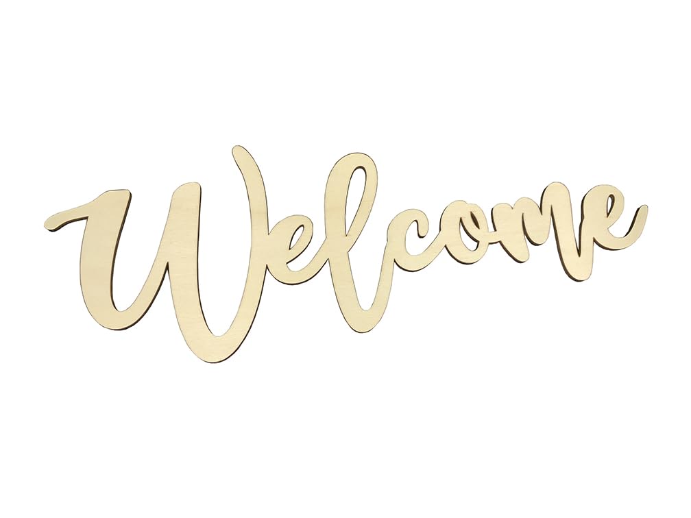 5Pcs Welcome Wood Cutouts Blank Script Unfinished Wooden Sign Letter for Door Hanger Wreath | Crafts | Art Project | Painting | Wall Word Decor | Easter Wedding Rustic Home Gallery Decorations