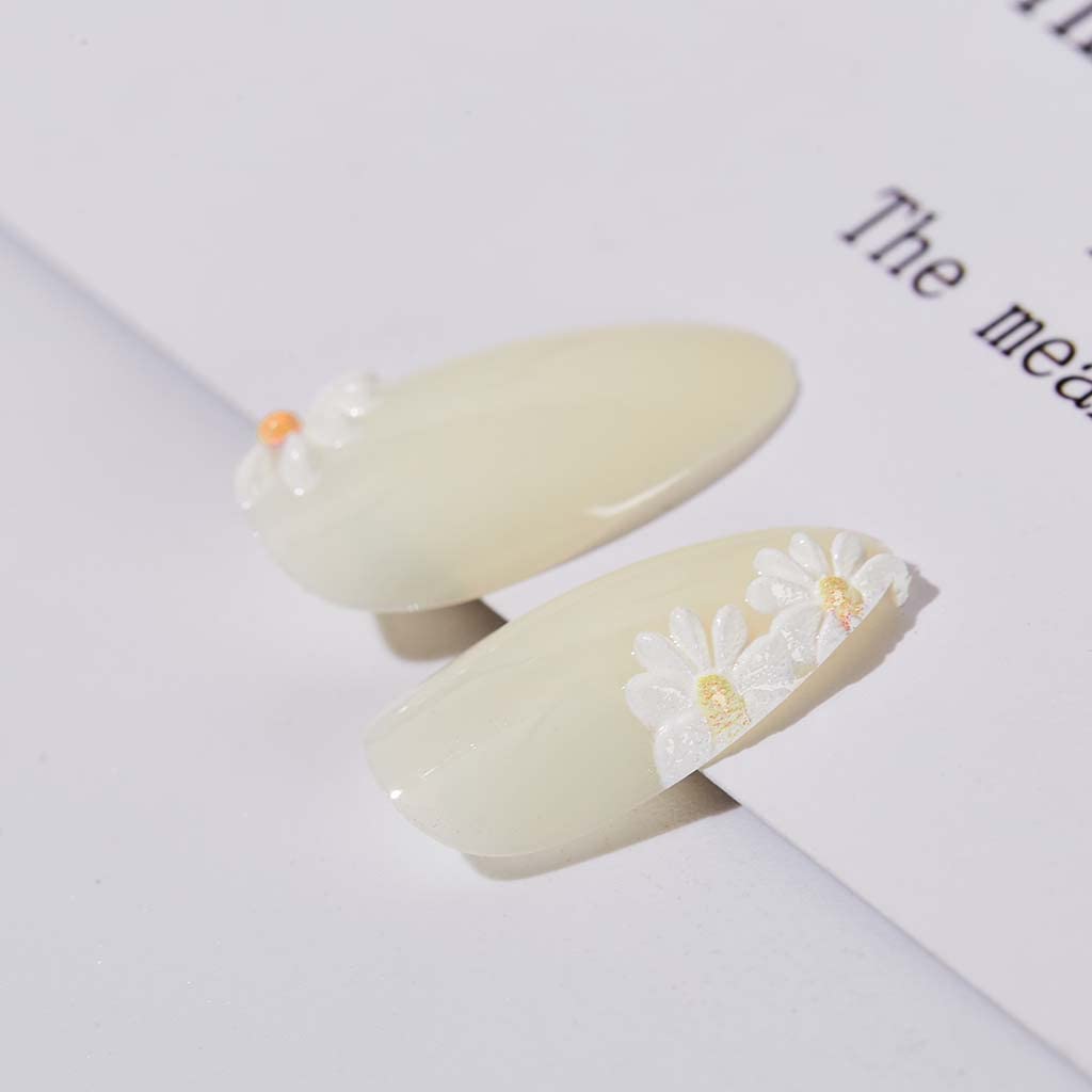 RikView White Almond Press on Nails Medium Fake Nails Nude Stick on Nails Embossed Nails with Daisy Design