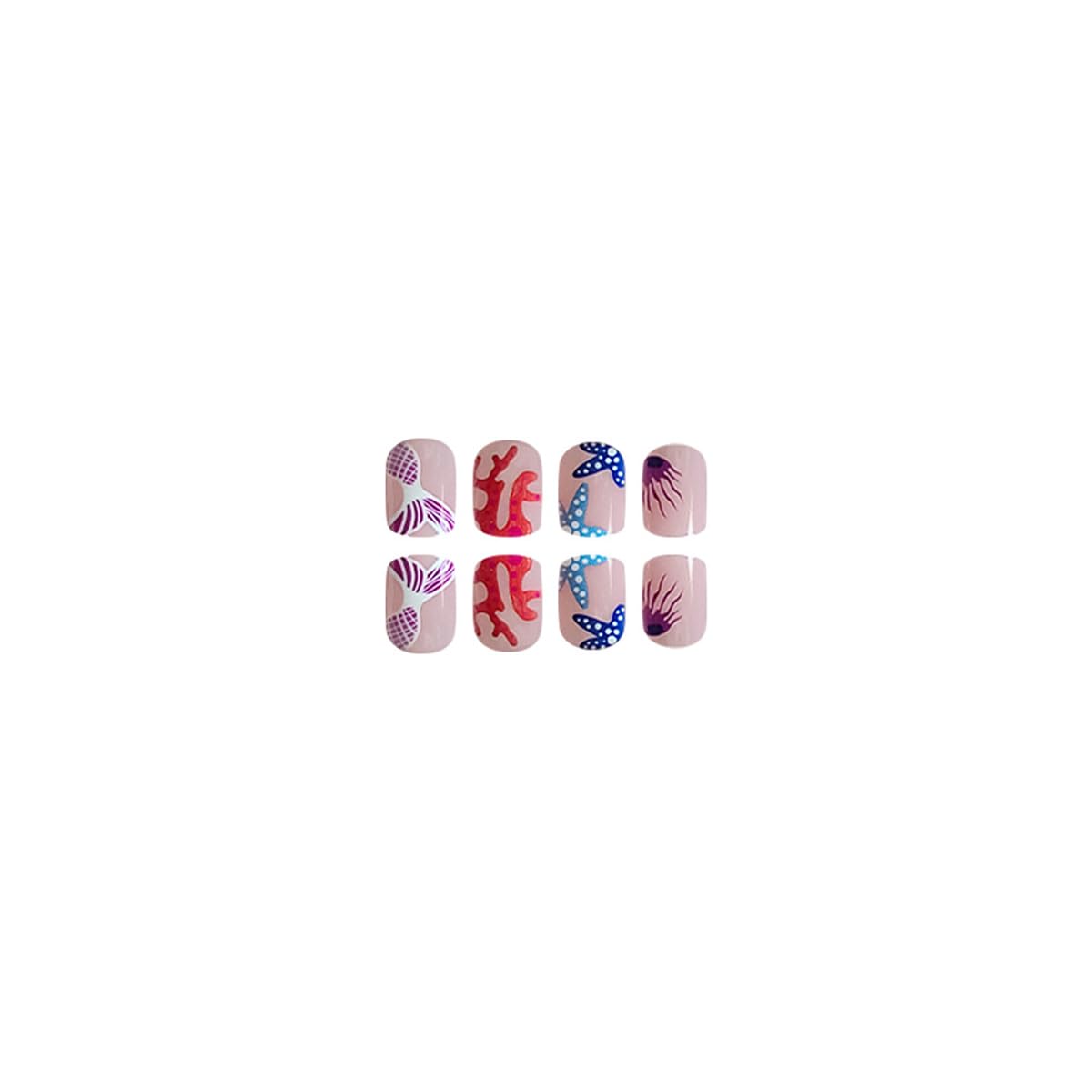 Beach Press on Nails Short Square Fake Nails Summer False Nails Press ons with Starfish Coral Mermaid Jellyfish Design Reusable Artificial Nails Full Cover Stick on Nails for Women Manicure 24 Pcs