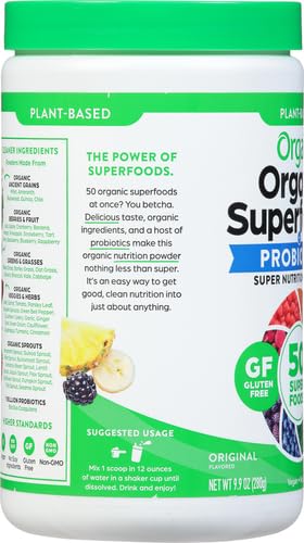 Orgain Organic Greens Powder + 50 Superfoods, Original - 1 Billion Probiotics for Gut Health, Antioxidants, Vegan, Plant Based, Gluten Free, Non GMO, Dairy Free Juice & Smoothie Mix - 0.62lb