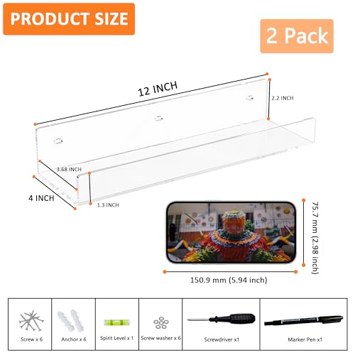 12'' Clear Acrylic Wall Shelf 2 Pack, Tranparent Perspex Floating Shelves, Acrylic Shelf for Bedroom, Living Room, Dining Room, Kitchen, Bathroom, Dining Room - color: Clear, size: 12 Inch