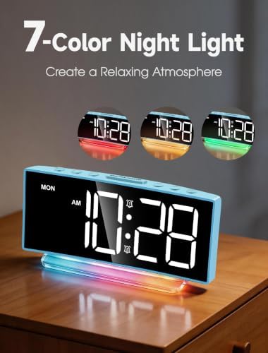 Cadmos Loud Alarm Clock for Heavy Sleepers Adults,Kids,Teens,Digital Desk Clock with USB Port,Large Numbers,7 Color Night Light,Modern Electronic Plug in Simple Clock for Bedroom(Blue+Dynamic)