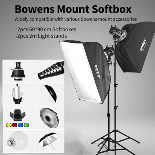 2pcs Godox MS300 Studio Flash Kit for Photography Lighting,600W Professional Bowens Mount Strobe Flash Monolight with Softbox,Trigger,Stands,Umbrellas,Reflectors for Photo Product Portrait Shooting