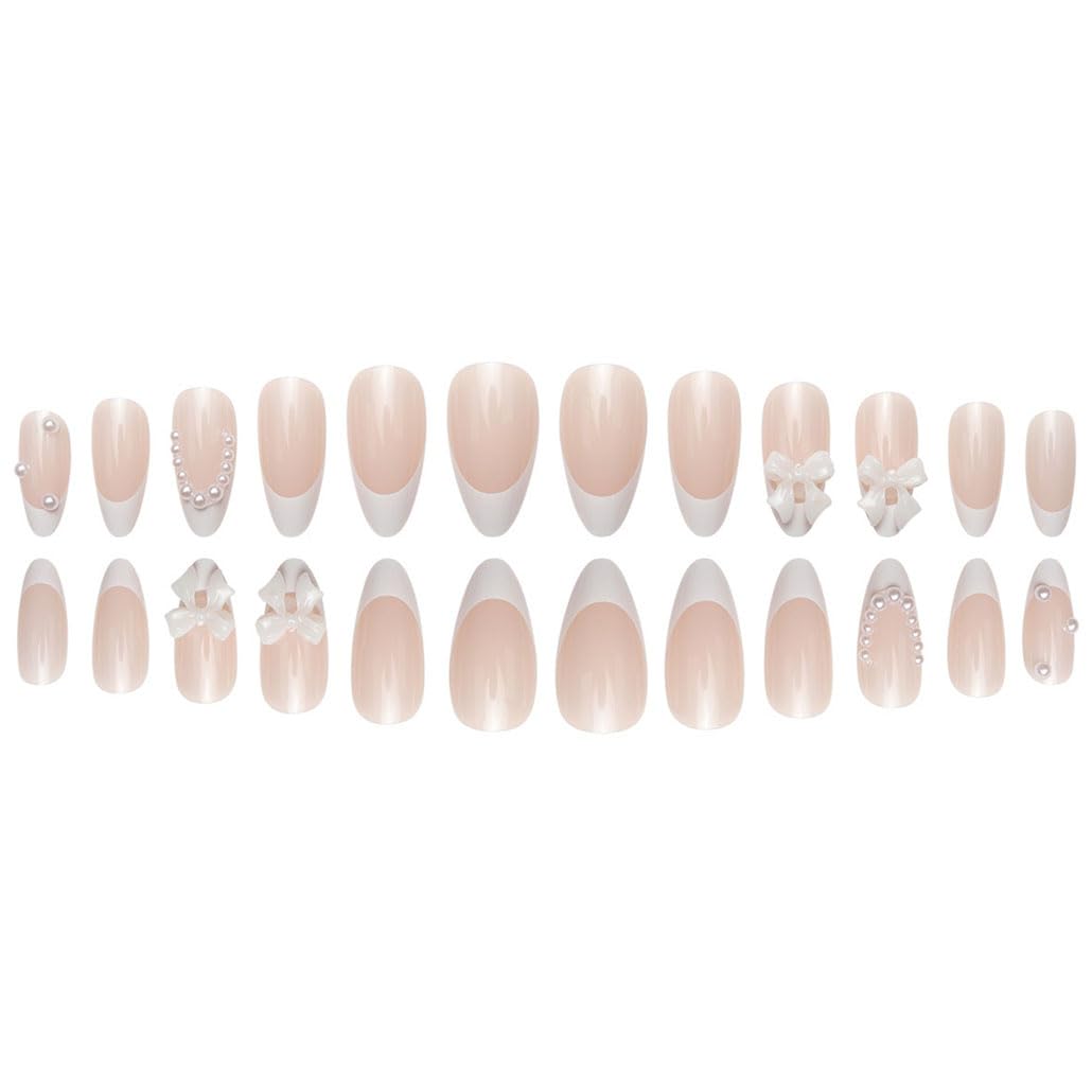 Foccna Press on Nails Almond Medium Pearl White Fake Nails French Glossy 3D False Nail Tips Artificial Nails Finger Manicure for Women&Girls -24 pcs