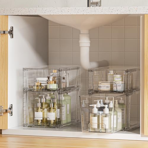Vtopmart 6 Pack Clear Stackable Storage Drawers,Easy to Assemble Bathroom Organizers and Storage with handles,Plastic Drawers for Kitchen Pantry,Cabinet,Under Sink Organization - style: 3 Medium+3 Small