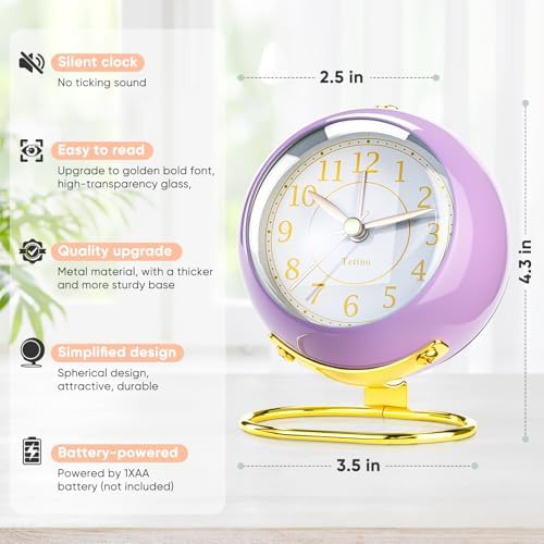 Tetino Analog Alarm Clocks,Retro Backlight Cute Simple Design Small Desk Clock with Night Light,Silent Non-Ticking,Battery Powered,for Kids,Teens,Bedroom,Travel,Kitchen,Bedside Desk Decor. (Purple)