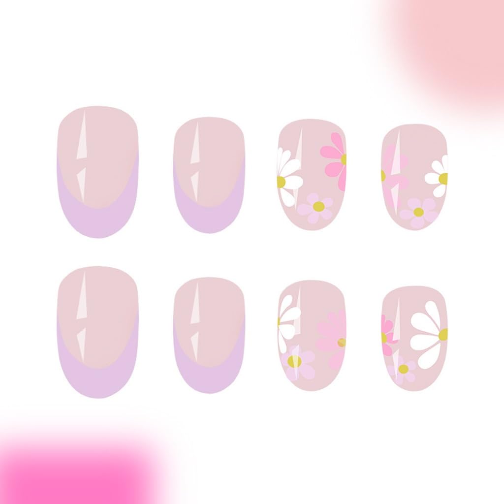 Short Press on Nails Almond Fake Nails with Colorful Flower Design Cute Stick on False Nails for Women Spring Manicure 24Pcs