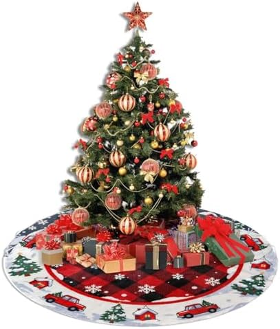Snowflakes Car Farmhouse Buffalo Plaid Christmas Tree Skirts 48", Xmas Tree Cloth Mats Trees Skirts for Decor Gift, Home Decoration