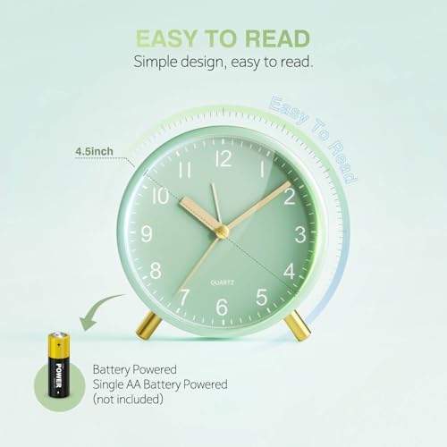 Analog Alarm Clock, Silent Non-Ticking with Night Light, Fashionable Round Metal Alarm Clock for Office, Battery Operated, Bedroom, Elderly, Adults, Children, Student Gifts