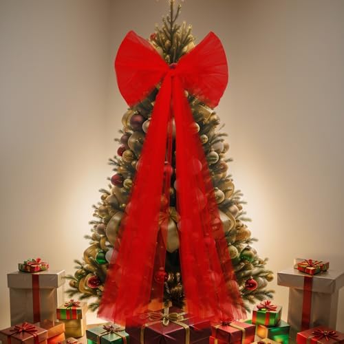 Soulchen 49 Inch Christmas Tree Topper Bow Large Tulle Ribbon,Red