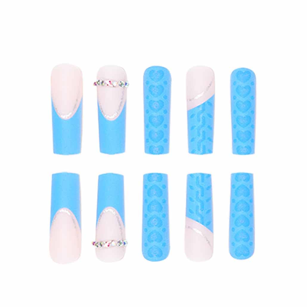 Foccna Blue Press on Nails Extra Long, Acrylic Fake Nails French Square False Nails Matte,Artificial Nails LOVE Design for Women and Girls, 24 pcs