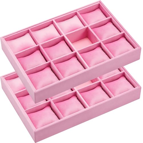 Henoyso 2 Pieces 12 Grid Velvet Watch Tray Jewelry Organizer Stackable Watch Bracelet Bangle Display Holder Adjustable Pillow(Pink) - color: Pink, size: 12 Grid