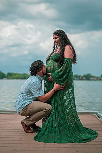 Saslax Soft Stretchy Lace Off Shoulder Doubly Split A-line Skirt Maternity Dress Pregnancy Maxi Gown for Photoshoot - color: Green, size: Large