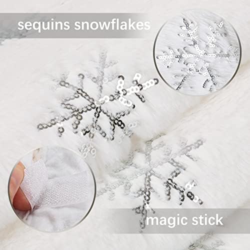 Large Tree Skirt 48 Inch White Plush Skirt Luxury Faux Fur Tree Skirt with Silver Snowflakes Merry Christmas Xmas Tree Ornaments