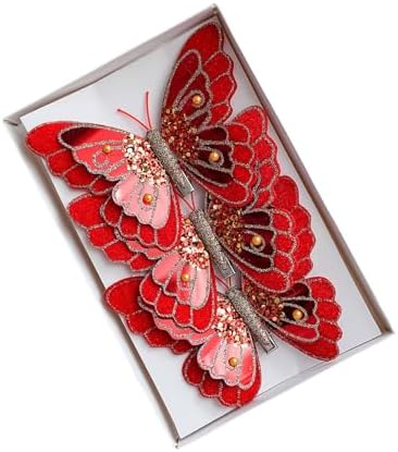 LEBETE Pack of 3 Double Layer Butterfly Christmas Tree Clips Accessory Elegant Fabric Ornaments for Holiday Decorations