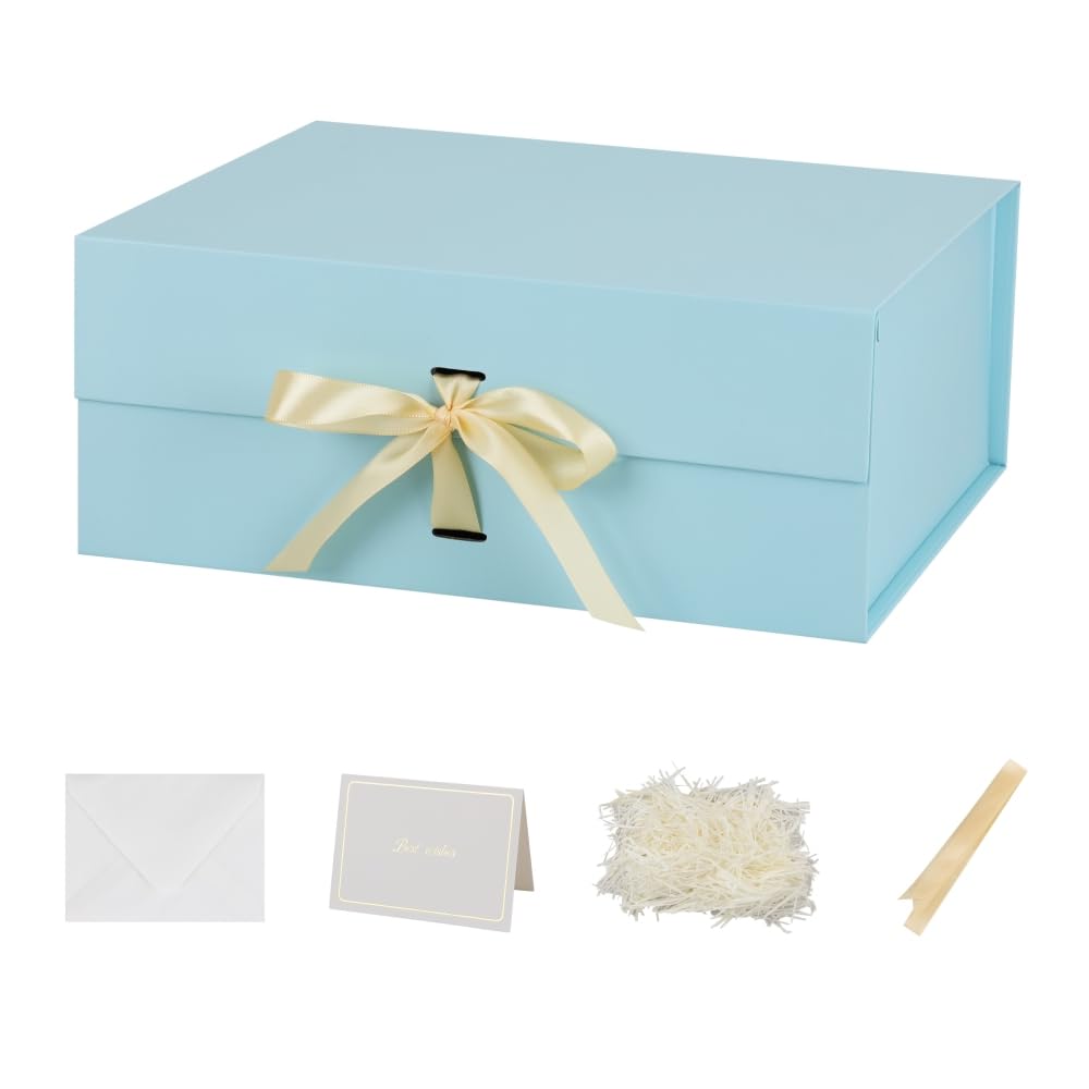 BoxSkivra Blue Extra Large Gift Box with Lid 1 Pack 19x16x6 Inch Large Gift Boxes with Crinkle Paper & Card Magnetic Gift Box with Ribbon for Wedding Dress