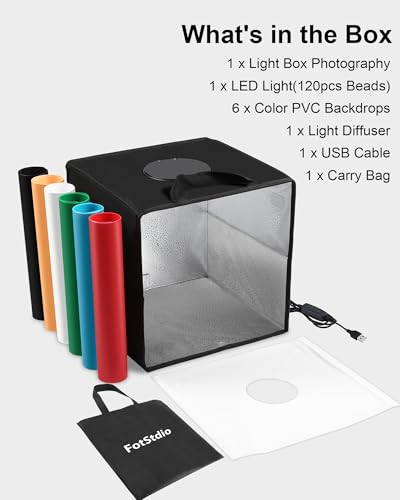 Light Box & Photo Box Photography Portable 12"x12" Studio Kit with 120 LEDs & 6 Backdrops for Jewelry & Small Product Photography – Dimmable, Versatile, Compact by FotStdio - size: 12"x12"x12"